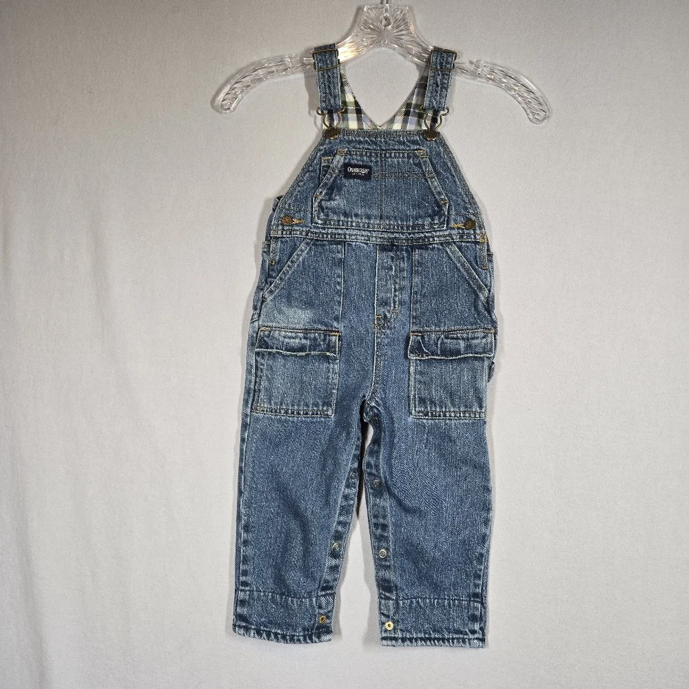 Vintage Oshkosh Denim Overalls Size 24 Months Jeans Cargo Pockets Plaid